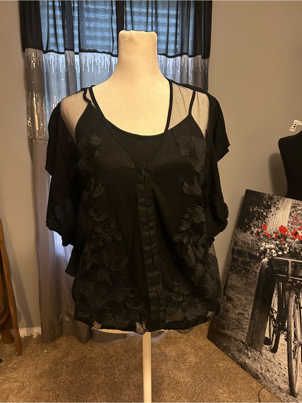 Black Sheer Floral-Embroidered Short Sleeve Blouse
